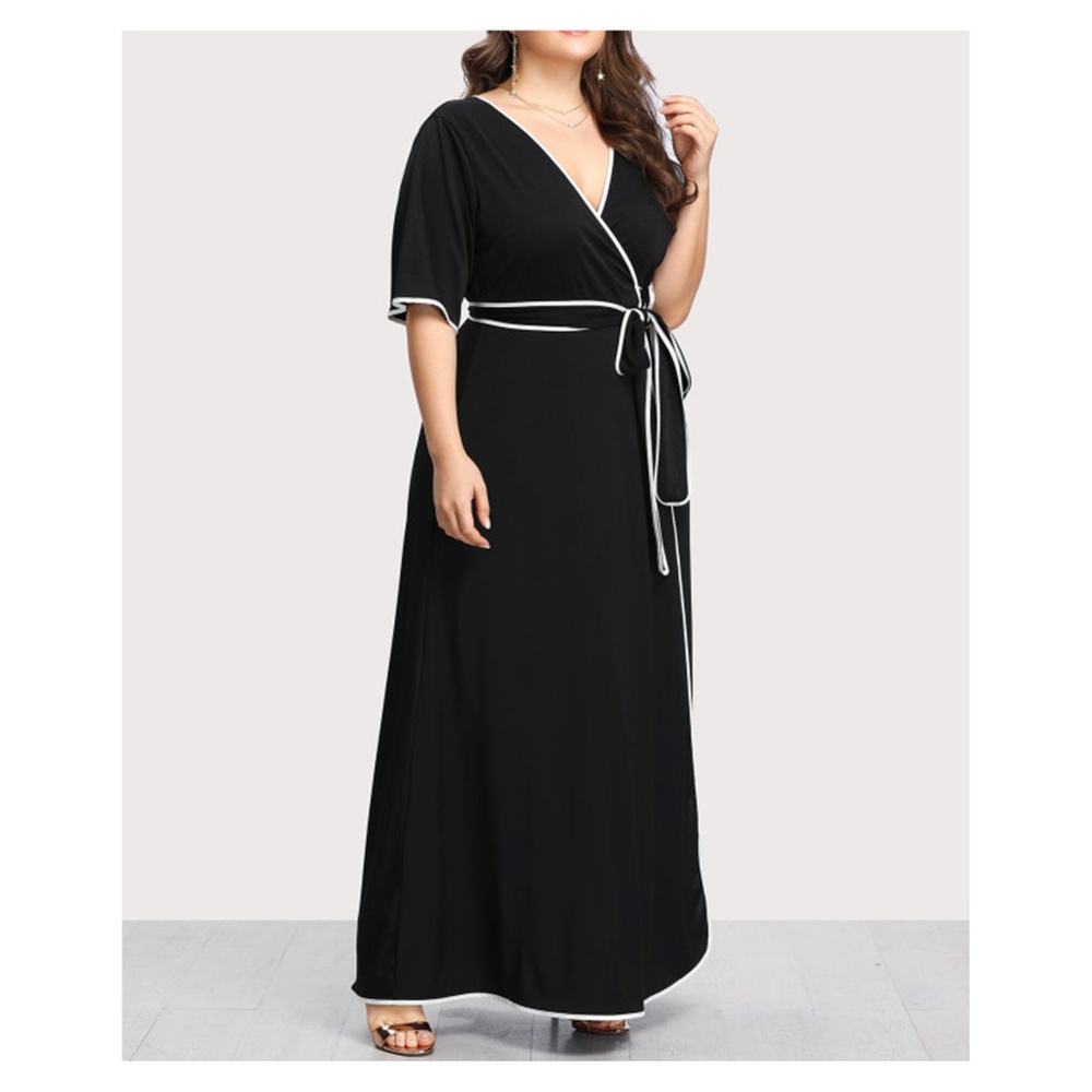 Black V Neck Short Sleeve Self Tie Wrap Maxi Dress - Picture 4 of 4